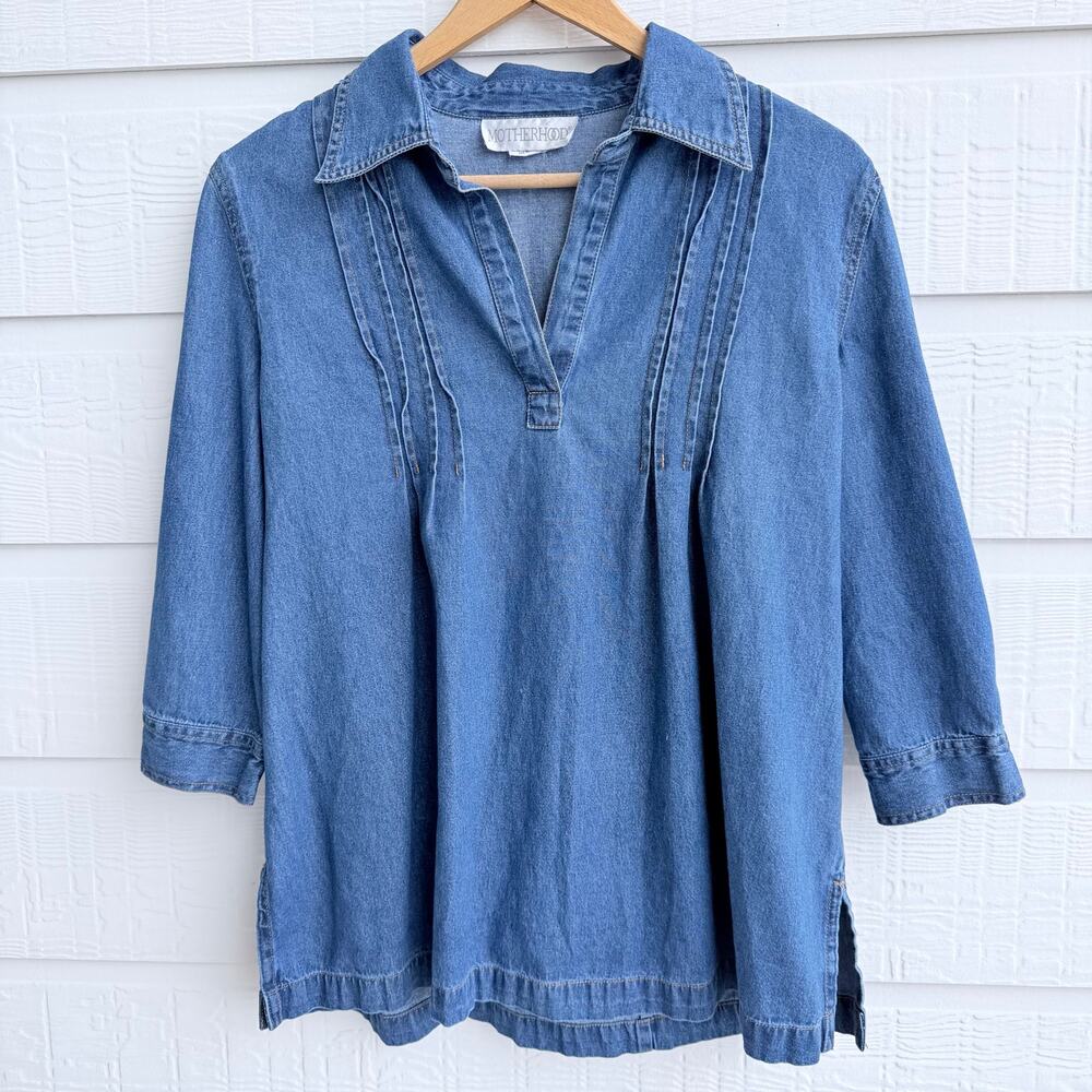 Motherhood Maternity Chambray Pintuck Tie Back Tunic Top M